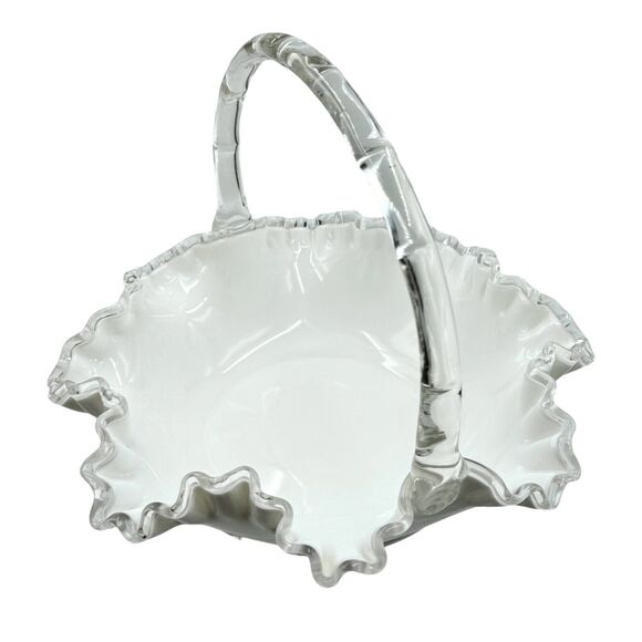 Vintage Fenton Silver Crest Bridal Basket White Ruffled Clear Edges Handle Large - Picture 8 of 16